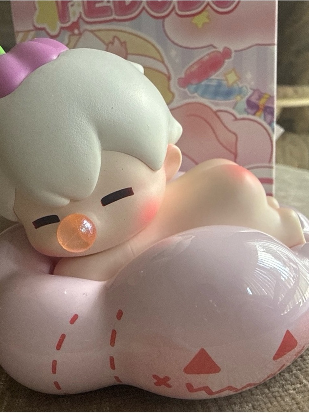 Pedudu Sleeping Baby Figure on Pink Cloud - Pastel Pink & Cream